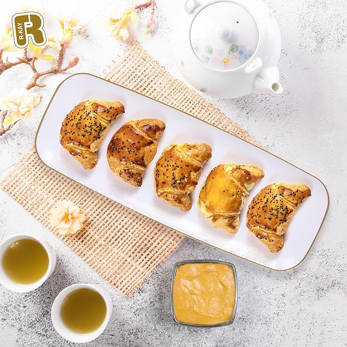 R-kay 4 Pack Plastic Serving Trays - White & Gold - 17 x 6.5 in - Heavy Duty Dessert Trays - Rectangular Party Platters
