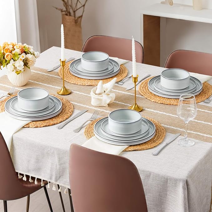 LIANYU 18 PCS Dinnerware Sets for 6, Stoneware Dinner Plates and Bowls Set | Dishware Dish for Home Kitchen Dining, Rustic Terracotta Bottom, Dishwasher & Microwave Safe, Lucent White