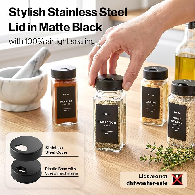 Glass Spice Jars with Label and Black Sprinkle Lids (24 x 4oz) | Airtight Lids keep spices fresh, Kitchen Spice Drawer Organizer, 4oz Seasoning Containers incl. Funnel, Brush & 240 Labels