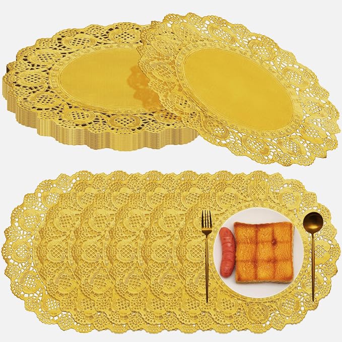 Gueevin 200 Pcs Gold Paper Placemats Disposable Lace Round Paper Placemats Decorative Disposable Placemat Doilies for Dining Wedding Table Decoration Festive Party Birthday Holiday (Gold,12 Inch)