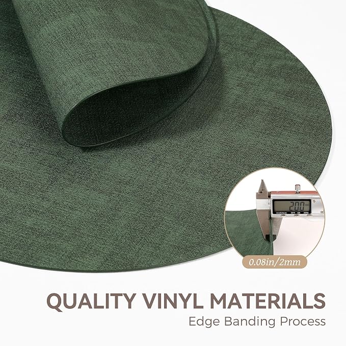 13" Round Placemats Set of 12, Reversible Faux Leather Wipeable Table Mats | 2mm Vinyl Heat Resistant, Waterproof Oilproof Scratch Proof Non-Slip, Washable for Kitchen Dining Indoor Outdoor (Dark Green)