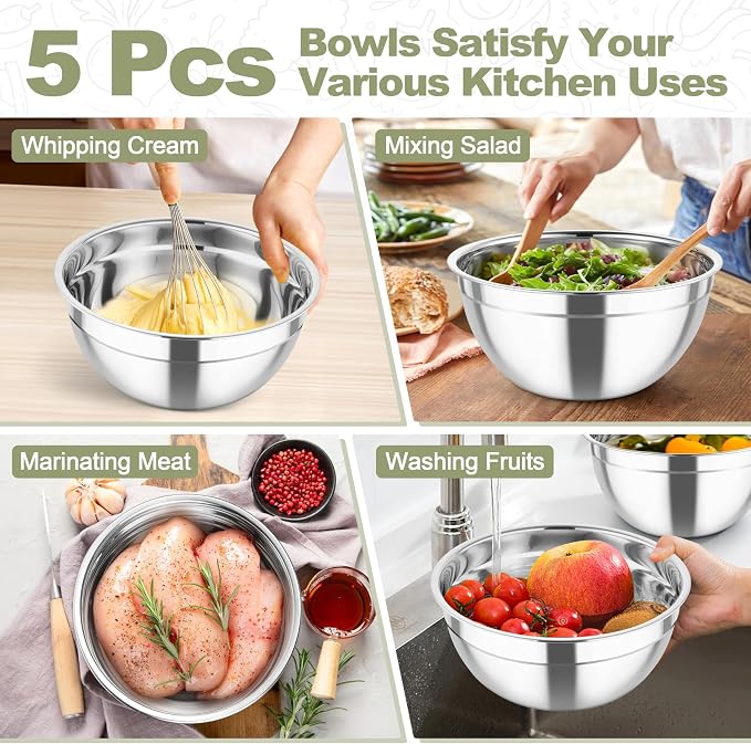 TeamFar Mixing Bowls, Stainless Steel Salad Serving Bowl with Clear Lids | with 3 Graters, For Kitchen Cooking Prepping Storing, Size 4.6/2.6/1.5/1/0.7 QT, Nesting & Airtight, Set of 5 & Khaki