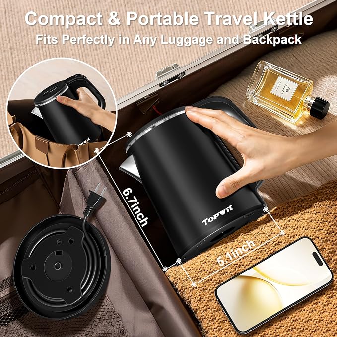 TOPWIT 0.8L Small Electric Kettle, Portable Travel Kettle, Stainless Steel | 800W Fast Boiling, Auto Shut-Off & Boil-Dry Protection, Tea Kettle for Home, Office, Business Trip, Hotel, Dorm