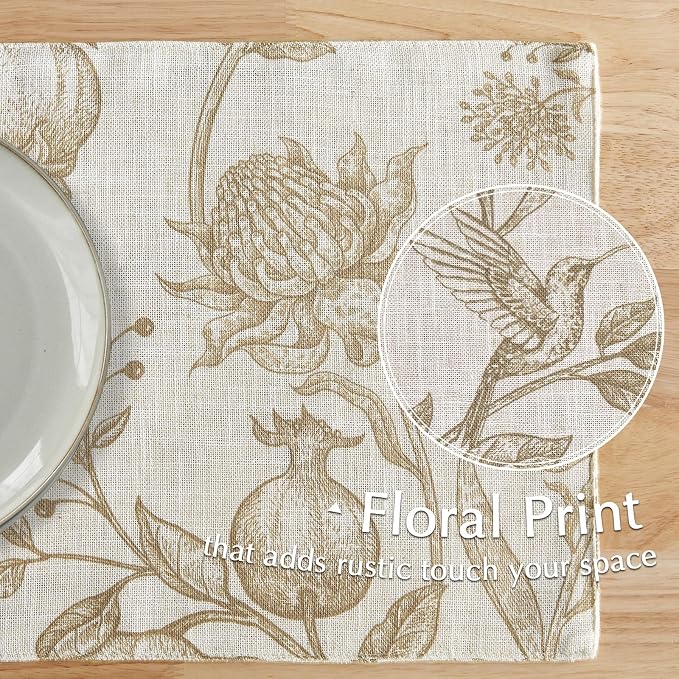 JINCHAN Linen Placemats Set of 4 Farmhouse Botanical Print 13x19 Inch Tan | Fabric Placemats, Cottage Style, Botanical Bird Motif, Machine Washable, Easy to Store, Reusable