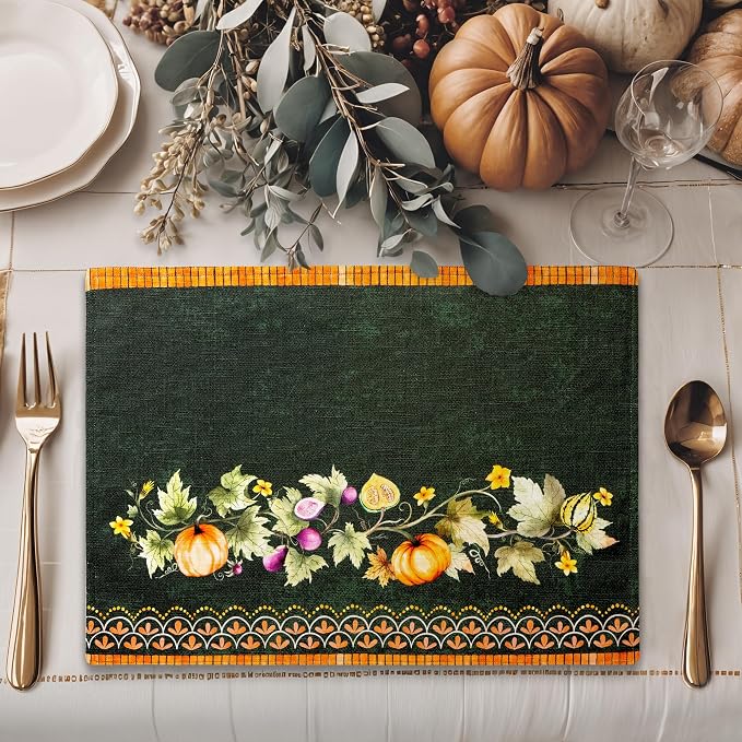 Maison d' Hermine Placemats Set of 4 Reusable 100% Cotton (13"x19") | Cloth Place Mats Washable Table Mats for Kitchen Dining Party Hotel Home Thanksgiving Christmas - Pumpkin Garden - Dark Green