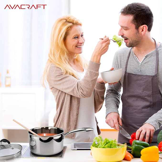 AVACRAFT 3.5 Quart Tri-Ply Stainless Steel Saucepan with Glass Strainer Lid | 18/10 Stainless Steel, Full Tri-Ply Body, Glass Strainer Lid, Pour Spouts, Induction Compatible, Oven Safe, Dishwasher Safe
