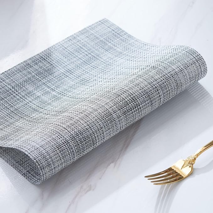 Zupro Gray Placemats Set of 4 Woven PVC 18"x12" for Indoor Outdoor Usage | Washable Heat-Resistant Non Slip Table Mats PVC Vinyl Kitchen Dining Patio Table Place Mats for Holidays Dinner Parties BBQs