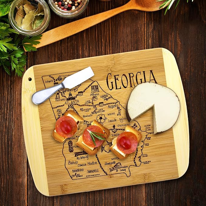 Totally Bamboo A Slice of Life Georgia Engraved Map Cutting Board | 11” x 8.75” charcuterie board with engraved state map artwork. Smooth reverse side for food prep. Hang tie for wall display.