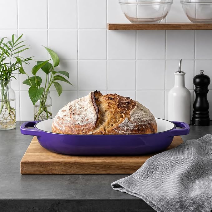 Enameled Cast Iron Dutch Oven Pot with Dome Lid, Oval Bread Oven for Homemade Sourdough Bread Baking, Oven Safe up to 500°F, 6 Quart, Purple