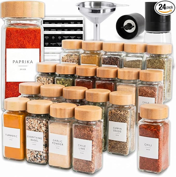 SAVVY & SORTED Glass Spice Jars with Label, 24PK Bamboo Jar Spices Set 4oz, 374 Spice Labels, Pepper Grinder, Empty Herb Seasoning Containers, Funnel and Shaker Lids