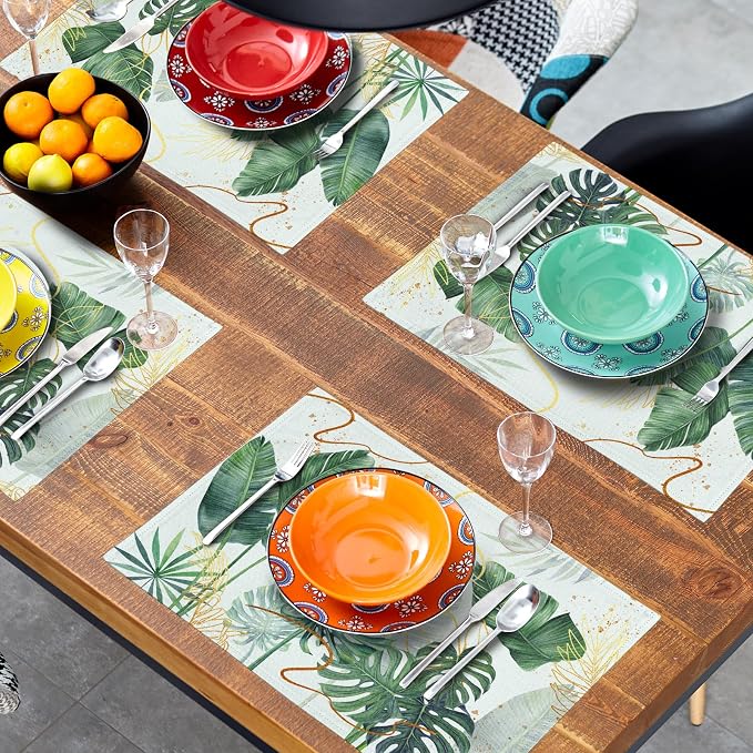 Palm Leaves Tropical Placemats Set of 4,12x18 Inch Boho Green Leaf Botanical Decor Seasonal Tablemat Non-Slip Washable Tabletop Mat for Indoor Outdoor Kitchen Dining Table