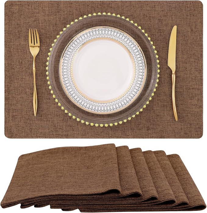 Faux Cotton Linen Placemats Set of 6, Cloth Washable Farmhouse Dining Table Mats for Indoors & Outdoors, Easy to Clean, Brown, 13 x 19 Inch