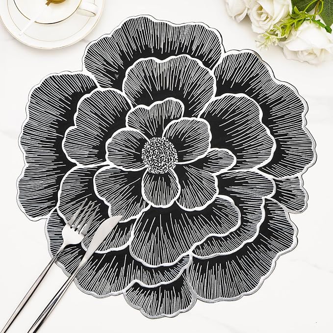 Evevda Silver Placemats Set of 6Round Floral Table Mats Bulk | Metallic Pressed Vinyl Table Place Mats for Dining Table Wedding Birthday Party Holiday Home Decoration