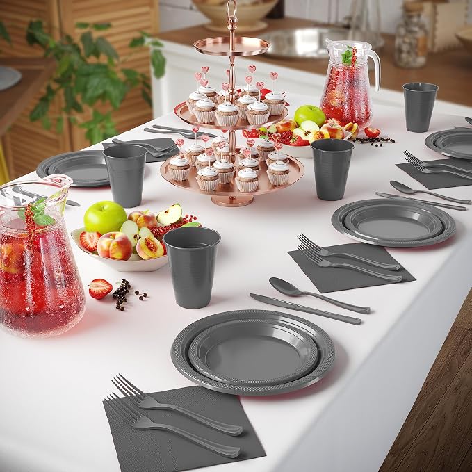 350 Pcs Silver Plastic Plates For Party, Silver Disposable Plates Set, 50 Of Each 9" Dinner Plate Set, 7" Dessert Plate, Cups, Napkins & Cutlery Plastic Dinnerware Set Exquisite