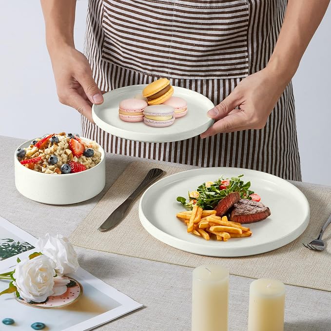E-far 16-Piece Stoneware Dinnerware Sets with Pasta Bowls, Speckled White | Plates and Bowls Sets for 4, Chip and Scratch Resistant, Microwave & Dishwasher Safe Kitchen Modern Dish Set