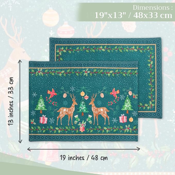 Maison d' Hermine Placemats Set of 4 Reusable 100% Cotton (13"x19") | Cloth Place Mats Washable Table Mats for Kitchen Dining Party Wedding Hotel Home Thanksgiving Christmas - Hygge Christmas