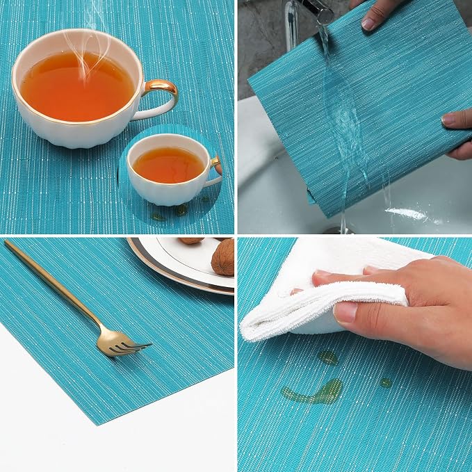 SHACOS Woven Vinyl Placemats Set of 4 Non Slip Heat Resistant Place Mats Durable PVC Stain Resistant Wipe Clean Indoor Outdoor Table Mats (4, Teal Blue)