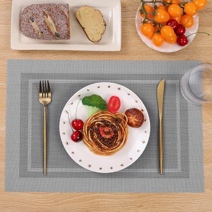 SHACOS Woven Vinyl Placemats Set of 4 Wipe Clean Place Mats for Dining Table Heat Resistant PVC Weave Table Mats Indoor Outdoor (4, Frame Grey)