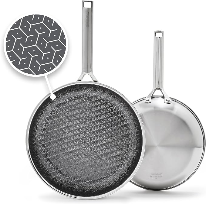 GreenPan Hybrid 2 Piece (9.5" & 11") Stainless Steel & Ceramic Skillet Set | APEX Tri-Ply Pan, PFAS-Free Thermobond Nonstick, Induction & All Cooktop Compatible, Dishwasher & Oven Safe to 850F, Silver