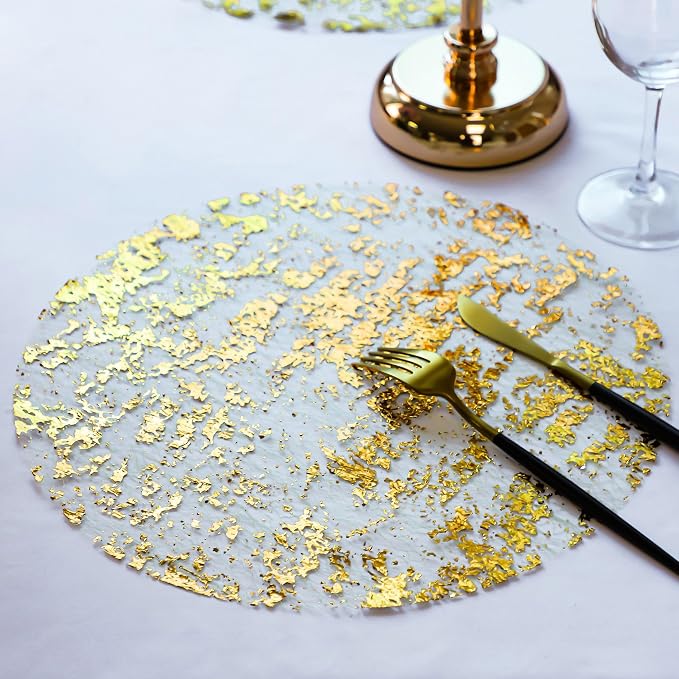 Snowkingdom 100 Pack Gold Disposable Placemats Foil Mesh 13 Inch Round Pressed Fall Table Mates 100 Set of Gold Doilies for Dining Table Wedding Birthday Party Holiday Home Decoration