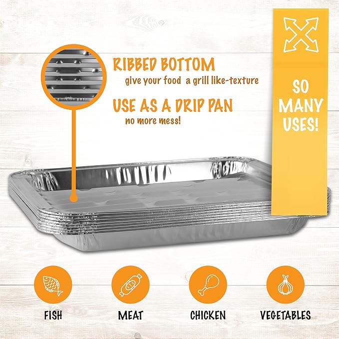 PLASTICPRO 10 Pack Disposable Aluminum Grill Liners Toppers Aluminum Foil Broiler Pans Durable Ribbed Grill Drip Pans 9x13
