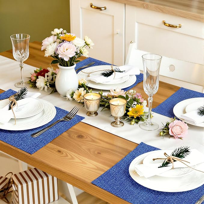 Faux Leather Heat Resistant Placemats 4 Packs, Waterproof Wipeable Dining PU Place Mats for Indoor & Outdoor, Easy to Clean, Sea Blue