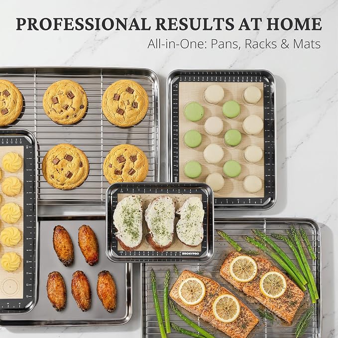 BRONYPRO 18/8 Stainless Steel Baking Sheet Set (3 Pans + 3 Mats+ 1 Rack) | Uncoated Cookie Sheets Non Toxic -PFOA & PTFE Free,Trays with Wire Rack & Macaron Silicone Mats, 9/12/16 Inch