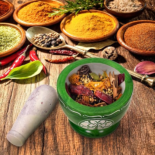 Mortar and Pestle, Made of Heavy Duty Polished Hard Stone, Natural Stone Grinder for Spices, Pastes, Herbs, Seasoning etc. (Green Tree of Life)