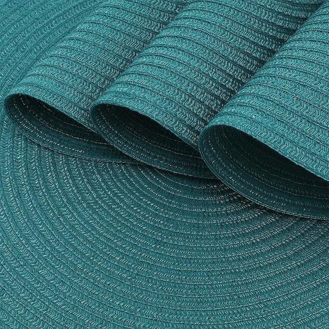 SHACOS Round Placemats Set of 6 Washable 15 inch Round Table Mats Cotton Polyester Woven Braided Place Mats for Dining Table, Teal Green