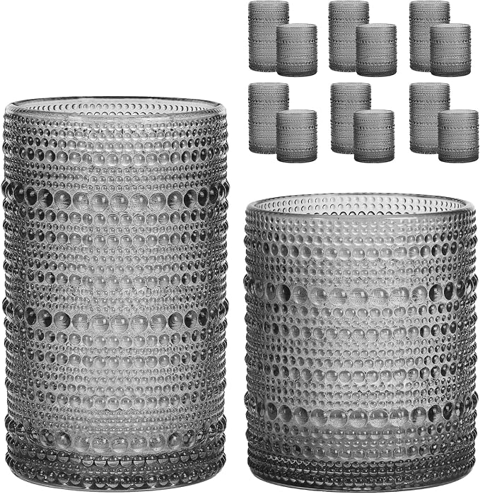 Moretoes 12 Pack Hobnail Drinking Glasses Gray Water Glass Cups Set | Mixed Vintage Glassware 6pcs 12oz Highballs & 6pcs 10oz Old Fashioned Glasses, Great for Cocktail Whisky and Other Beverages