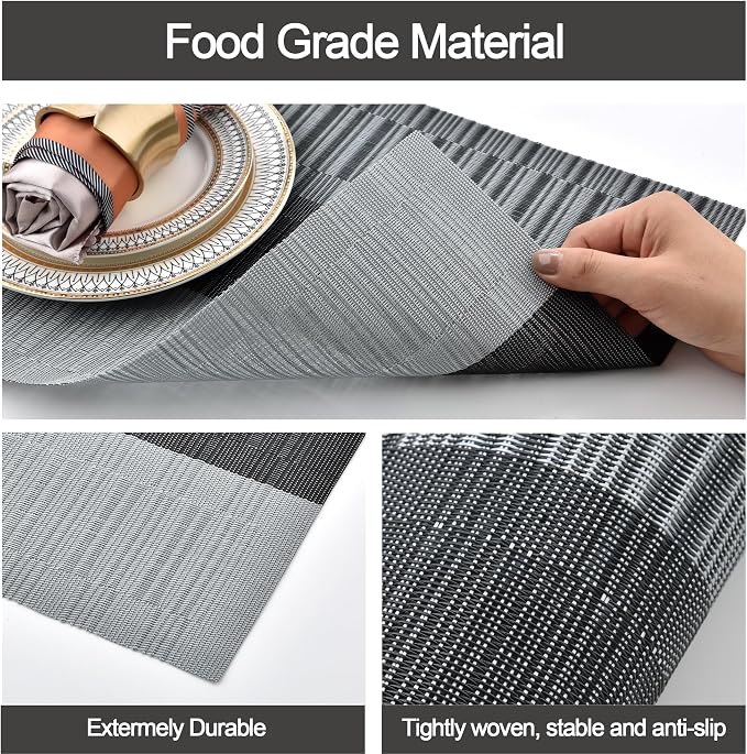 SLKQG Placemats Set of 6 - Easy Clean Washable Vinyl Placemats - Heat Resistant PVC Place Mats for Dining Table (Black and Gray, 6)