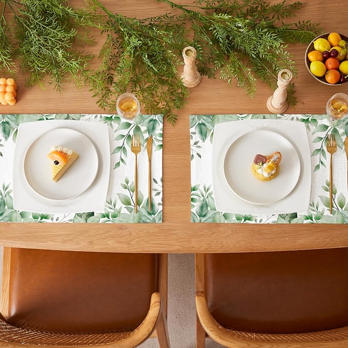 QIYI Boho Table Placemats Set of 4, 12"x18" Linen Place Mats, Green Leaves | Fabric Place Mats for Kitchen Dinning, Farmhouse Rustic Cloth Table Mats, Washable Placemat Party Table Décor