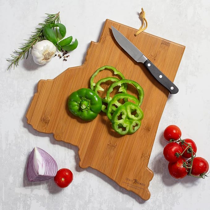 Totally Bamboo Rhode Island State Shaped Cutting Board, Summer Stokes Art | State charcuterie board with colorful hand-drawn landscape art. Smooth reverse side for food prep. Hang tie for wall display.