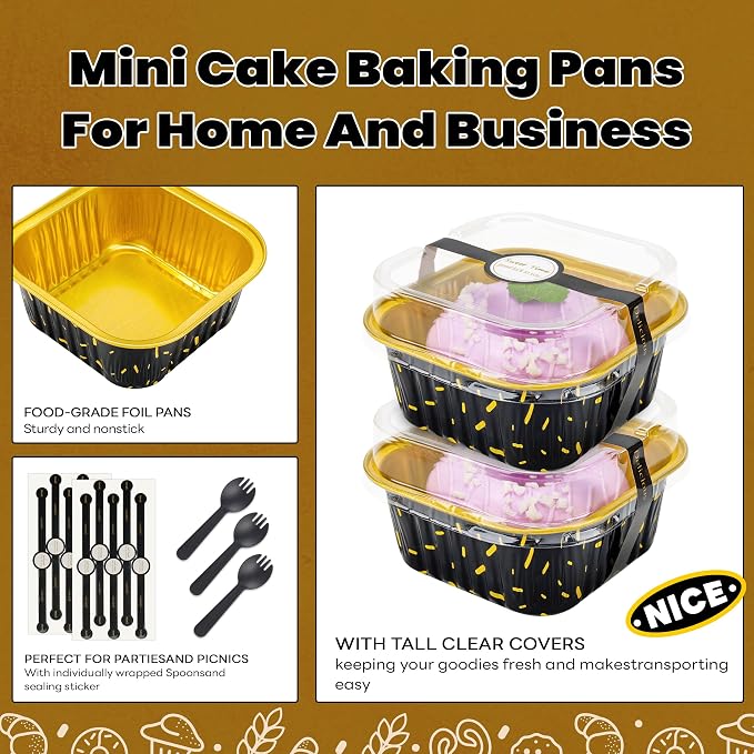 NPLUX Square Foil Cups with Lids, 50 Pack Black Gold 5oz for Bakery Gifts | Use for cake slices, loaf cuts, tiramisu and truffle layers; topping visibility supports counter display.