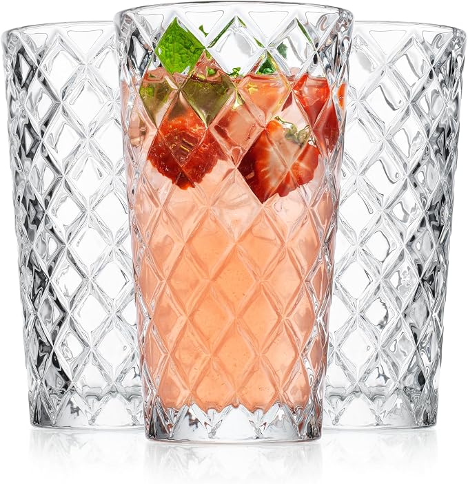 Glaver's Drinking Glasses - Set of 10-14oz. Highball Glass Cups - Dishwasher Safe Cocktail - Diamond Cut Shape - Tall Beer Glasses, Water Glasses, Bar Glass, Wine, Juice, Iced Tea