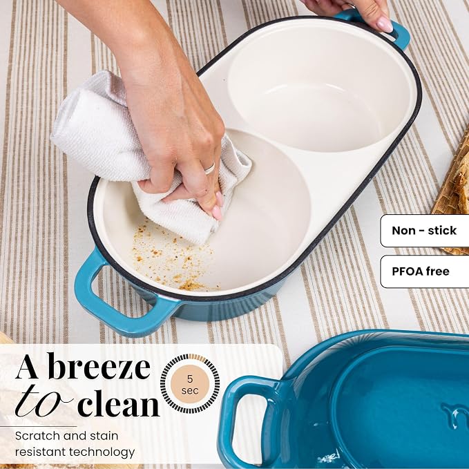 Dutch Oven For Sourdough Bread Baking – Enamelled Cast Iron Bread Loaf Pot – 500°F Oven Safe Non Stick Bread Pot – Double Round Loaf Space, 16.5cm Diameter, Light Blue, – by Nuovva