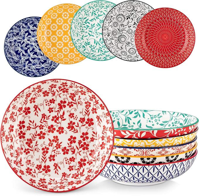 vancasso 8.5" Pasta Bowls Set of 6, 40 oz Porcelain Shallow Salad Bowls, Serving Bowls Pasta Dishes Plates Large Kitchen Bowl Plates, Vivid Floral Design, Microwave Safe, Series SELENE