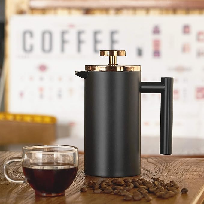 Small French Press Coffee Maker 600ml, Black Double-Wall Insulated French Press Coffee Press Stainless Steel for travel camping, Included 2 Extra Fliters and 1 Coffee Spoon (2-4cup, 20 OZ)