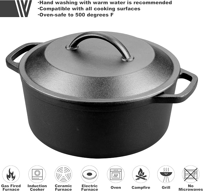 Pre-Seasoned Cast Iron Dutch Oven with Lid, Round and Dual Handles, for Stovetop, Camping, Grill, Induction, Electric, Black, 6qt