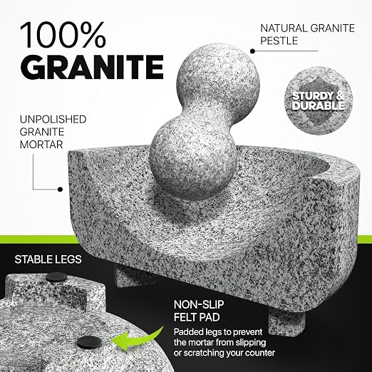 Granite Mortar and Pestle Set 8-Inch (3.5-Cup), Molcajete, Grey | 100% Granite, Avocado Tool Included, Molcajete Mexicano, for Guacamole, Spices, Herbs & Pesto, Premium Kitchen Gift