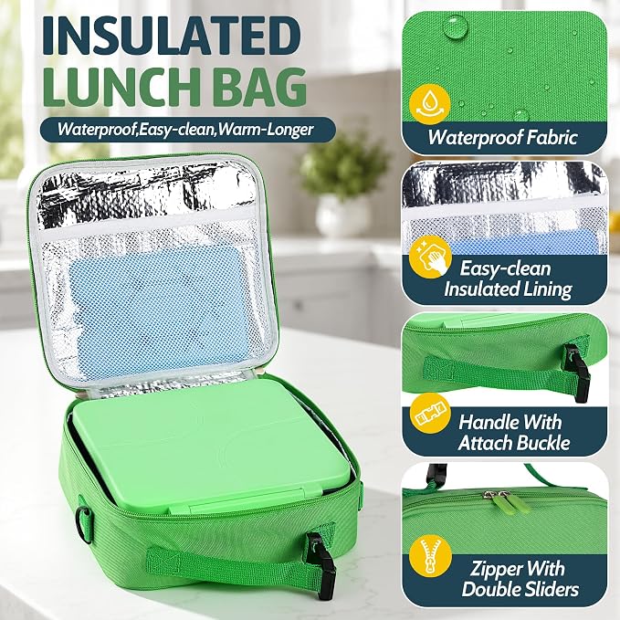 Bento Lunch Box Set with 8 oz Soup Thermo, Kids Leakproof 4 Compartments Hot Food Container with Sauce Cup, Ice Pack and Lunch Bag, Child Insulated Food Jar for School - Green