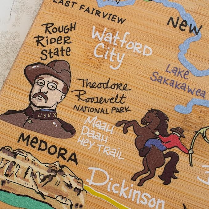 Totally Bamboo North Dakota State Shaped Cutting Board, Art by Fish Kiss | State charcuterie board with colorful hand-drawn map artwork. Smooth reverse side for food prep. Hang tie for wall display.