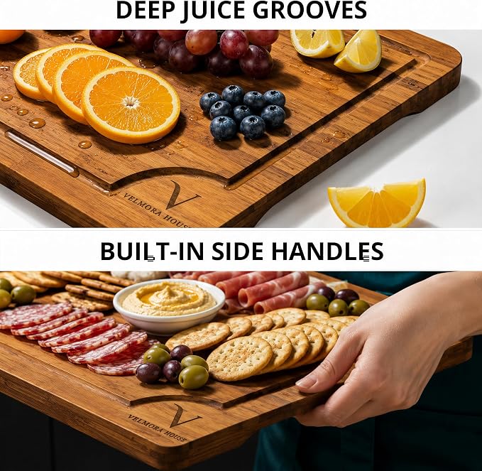 Bamboo Cutting Boards for Kitchen - Premium Carbonized Bamboo Cutting Board Set of 3 with Deep Juice Groove, Side Handles & Stand, Heavy Duty for Meat, Charcuterie & Serving