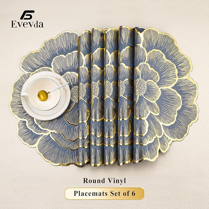 Gold Flower Placemats Set of 6 Pressed Vinyl Table Mats for Dining Table | Round Blue Centerpiece Decor Washable Waterproof Non Slip 15 Inch For Wedding Birthday Party Restaurant