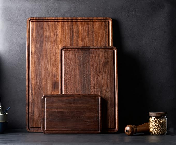 Walnut Wood Cutting Board for Kitchen 12x8 in Wooden Chopping Board | Walnut Cut Board with Juice Groove,Handles,Non-slip Mats,Thick Reversible Butcher Block,Cheese Charcuterie Board