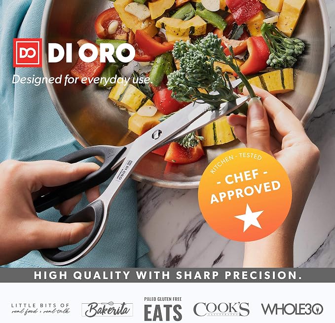 DI ORO Kitchen Shears - Heavy-Duty Stainless Steel Scissors | Cuts poultry, herbs, meat, and packaging; Comes apart for a full dishwasher clean; Micro-serrated blades grip and hold