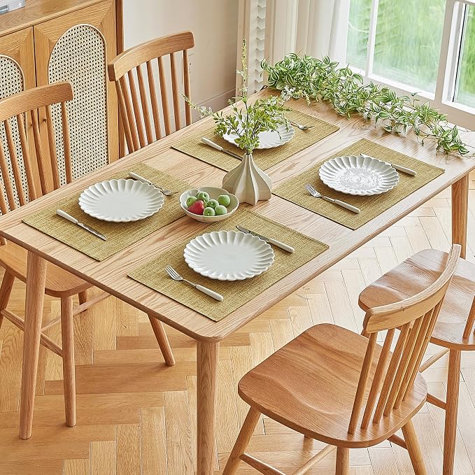 Softalker Faux Linen Placemats Set of 8-12 x 18 Inch, Heat Resistant Double Layered Durable Burlap Farmhouse Place Mats, Non-Slip Washable Rustic Table Mats for Dining, Kitchen, Party（Khaki