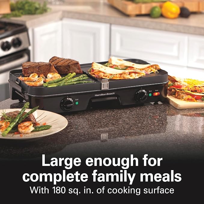 Hamilton Beach 3-in-1 Electric Indoor Grill + Electric Griddle | 180 sq. in. Reversible PFAS-Free Non-Stick Plates | 2 Individual Cooking Zones With Adjustable 425°F Temp Control | Black