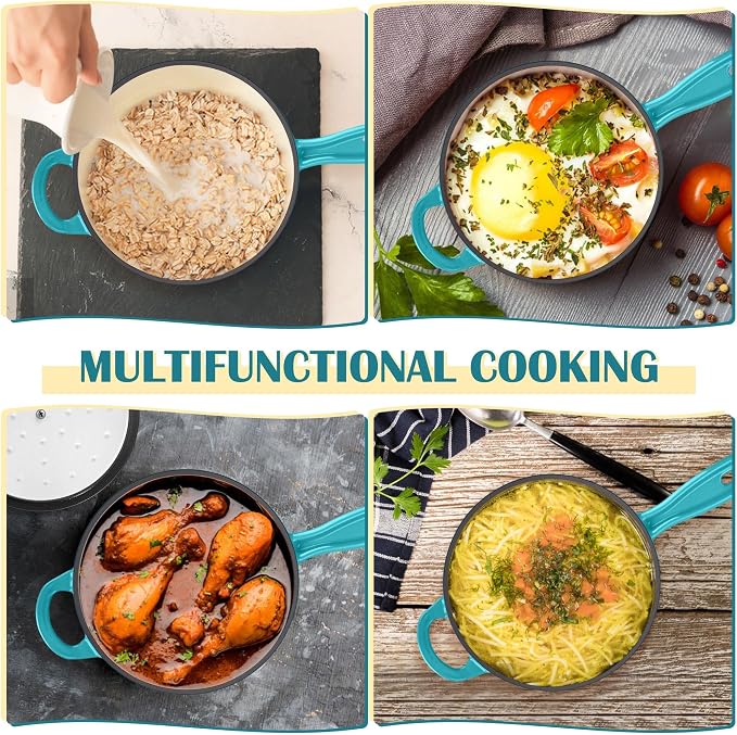 E-far Enameled Cast Iron Sauce Pan, 2 Quart Dutch Oven Saucepan with Lid, Small Sauce Pot for Cooking, Boiling, Healthy & Non Toxic, Induction & Oven Safe, Green