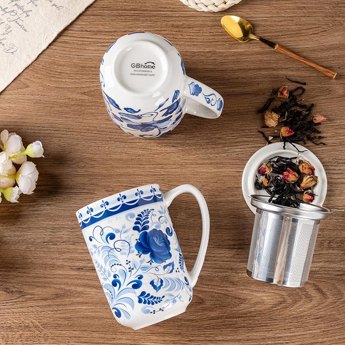 GBhome Tea Mug with Infuser and Lid,18 Ounce Ceramic Loose Leaf Cup Steeper | Lead-Free Glaze For Tea Lovers,Microwave & Dishwasher Safe with Tea Strainer